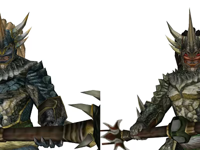 Game And Movie Warrior Character With Spiked Armor Helmet Red Eyes And Weapon 3d model
