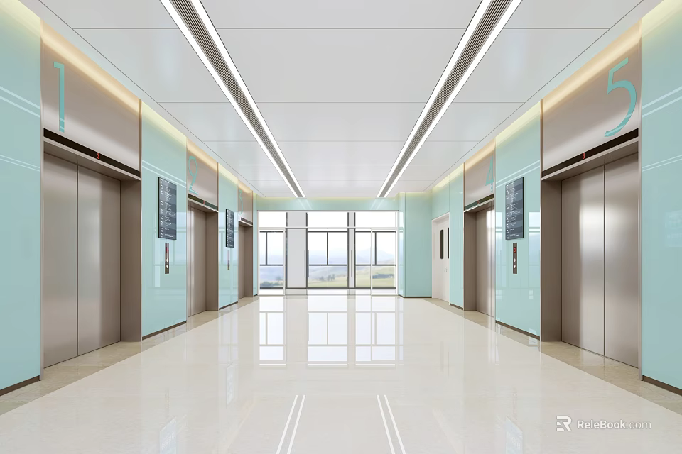 Modern Elevator Hallway With Light Blue Walls Ceiling Light Strips Shiny Floors And Windows 3d model