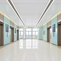 Modern Elevator Hallway With Light Blue Walls Ceiling Light Strips Shiny Floors And Windows 3d model
