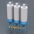 Three Industrial Storage Tanks With White Blue Bodies And Yellow Connecting Pipelines