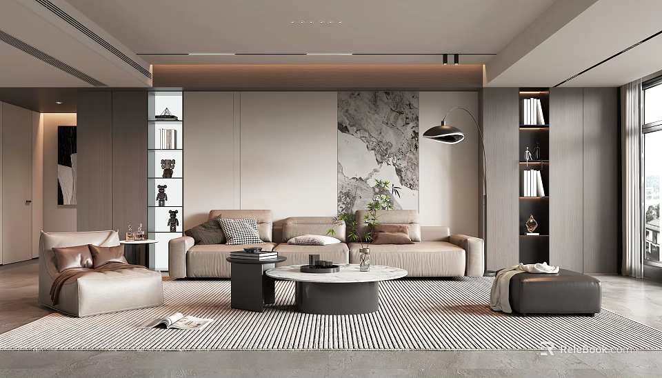 Modern Living Room Interior With Beige Sofa Round Coffee Table Floor Lamp And Decorative Painting 3d model 