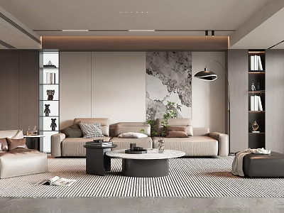 Modern Living Room Interior With Beige Sofa Round Coffee Table Floor Lamp And Decorative Painting 3d model