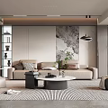 Modern Living Room Interior With Beige Sofa Round Coffee Table Floor Lamp And Decorative Painting