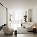 Elegant Modern Living and Dining Room With Wooden Partition Decorative Painting And White Cabinet