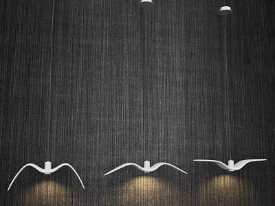 Stylish White Unique Shaped Pendant Lights Hanging Over Dark Textured Wall Interior 3d model