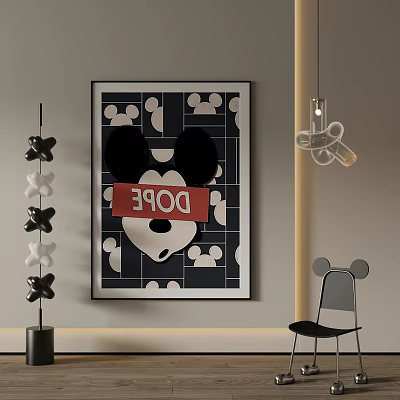 Mickey Mouse Art Print In Contemporary Interior With Chair And Light 3d model