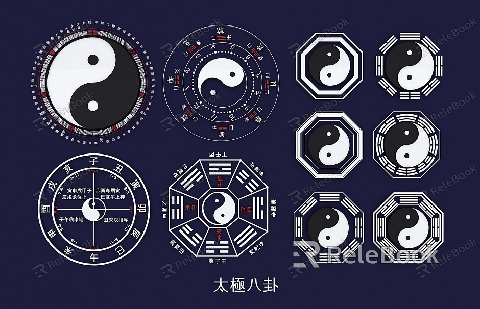 Taiji Bagua Heavenly Gan Earth Branch Yin Yang Five Elements 12 Hours Eight Array Figure Hollow Carving model