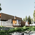 Modern Detached Villa With Wooden Exterior Large Windows Surrounding Trees Lush Grass And Rocks
