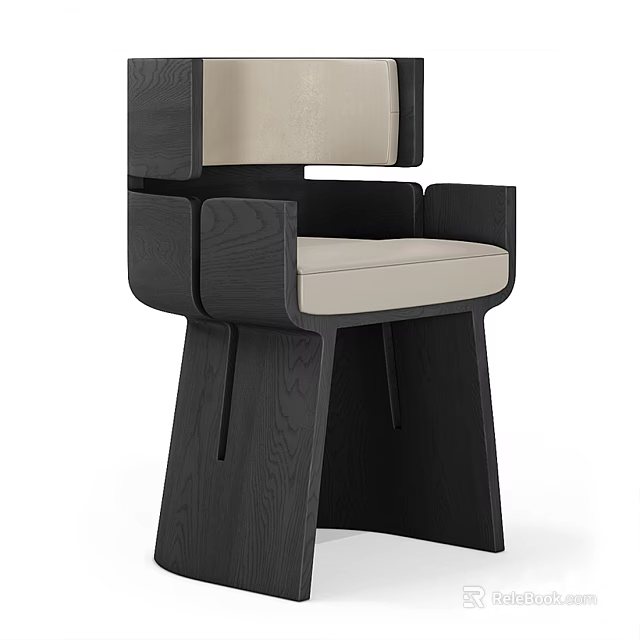 Modern Single Chair With Black Wooden Frame Beige Upholstered Seat And Geometric Design 3d model 