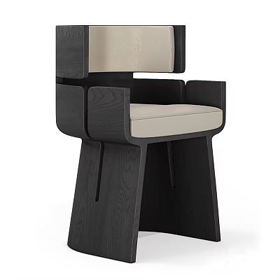 Modern Single Chair With Black Wooden Frame Beige Upholstered Seat And Geometric Design 3d model