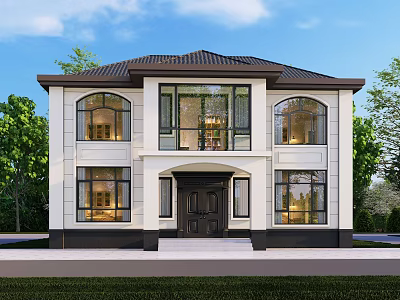 Two Story Detached Villa Exterior With White Walls Black Roof And Green Trees 3d model