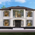 Two Story Detached Villa Exterior With White Walls Black Roof And Green Trees