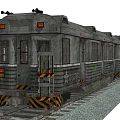 Vintage Gray Train With Multiple Metal Carriages And Warning Stripes On Railway Tracks