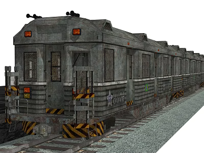Vintage Gray Train With Multiple Metal Carriages And Warning Stripes On Railway Tracks 3d model