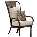 Stylish Rattan Leisure Chair With Armrests Light Colored Cushion And Geometric Pattern Pillow