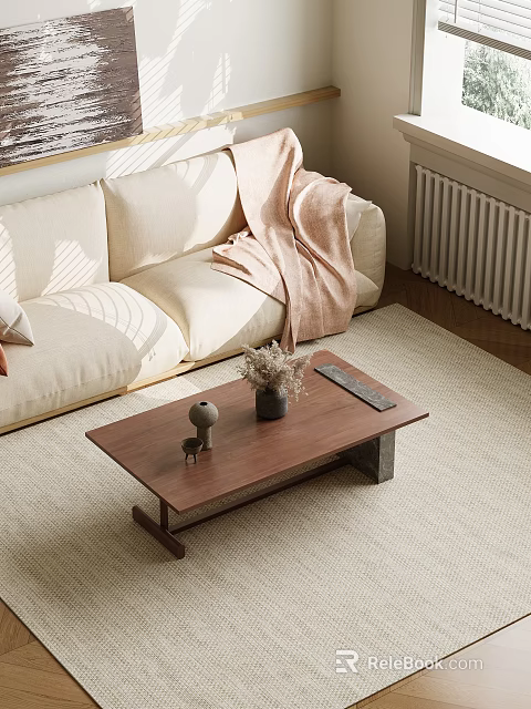 Modern Living Room With Wooden Coffee Table Beige Sofa Beige Rug And Decor Items 3d model 
