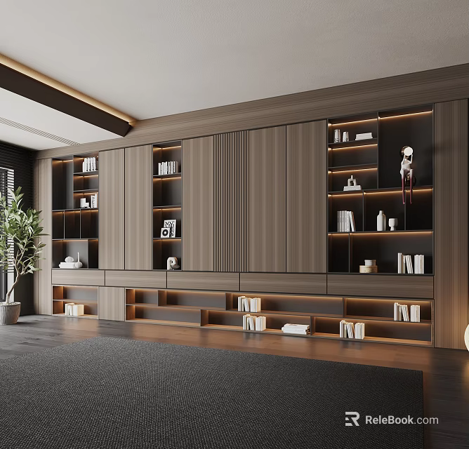 Modern Wooden Bookcase Featuring Multiple Shelves And Sleek Interior Design 3d model