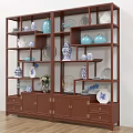 Traditional Chinese Wooden Antique Display Cabinet with Multiple Compartments and Blue White Porcelain Vases Plates