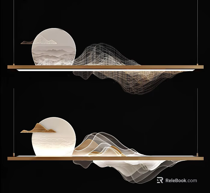 Modern Linear Chandelier with Wave Design and Moon Inspired Elements for Interior Lighting 3d model