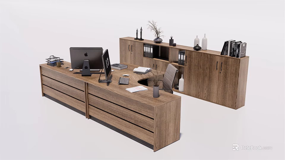 Wooden Office Desk Setup With Computer Chair Filing Cabinet And Decorations 3d model 