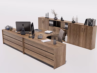 Wooden Office Desk Setup With Computer Chair Filing Cabinet And Decorations 3d model