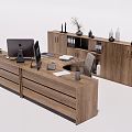 Wooden Office Desk Setup With Computer Chair Filing Cabinet And Decorations