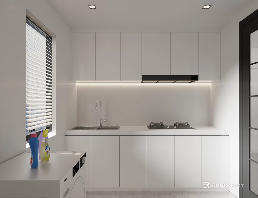 Modern White Kitchen Interior Featuring Cabinets Window Blinds Sink Stove And Dishwasher 3d model 