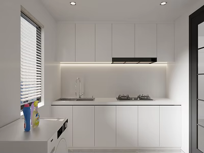 Modern White Kitchen Interior Featuring Cabinets Window Blinds Sink Stove And Dishwasher 3d model
