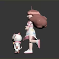Cute Pink Haired Girl With White Kitten In Striped Top And Star Patterned Dress