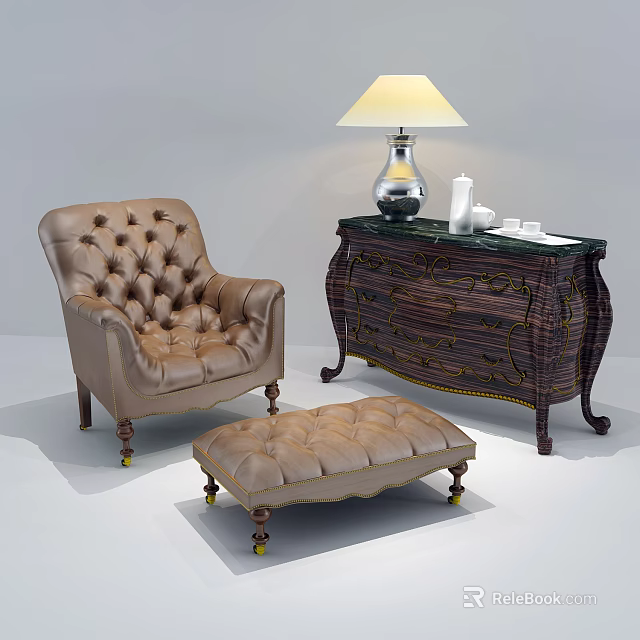Tufted Leather Single Sofa With Matching Ottoman And Ornate Wooden Cabinet With Table Lamp 3d model 