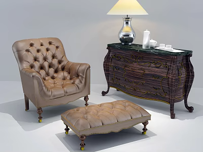 Tufted Leather Single Sofa With Matching Ottoman And Ornate Wooden Cabinet With Table Lamp 3d model