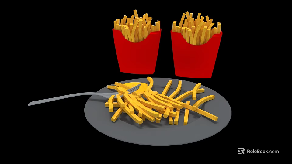 Crispy Golden French Fries in Red Paper Boxes and on Gray Plate with Fork 3d model 