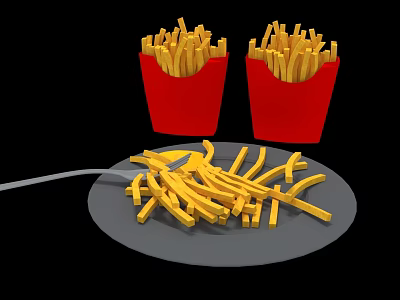 Crispy Golden French Fries in Red Paper Boxes and on Gray Plate with Fork 3d model