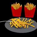 Crispy Golden French Fries in Red Paper Boxes and on Gray Plate with Fork