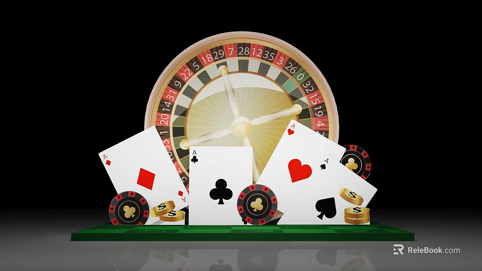 Casino Themed Photo Spot With Roulette Wheel Playing Cards Poker Chips And Gold Coins 3d model 
