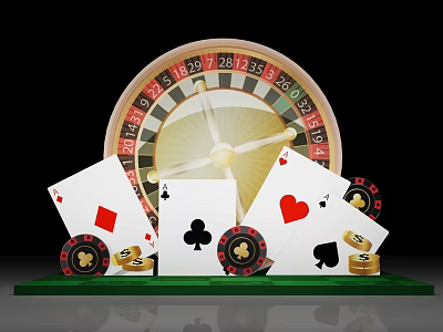 Casino Themed Photo Spot With Roulette Wheel Playing Cards Poker Chips And Gold Coins 3d model
