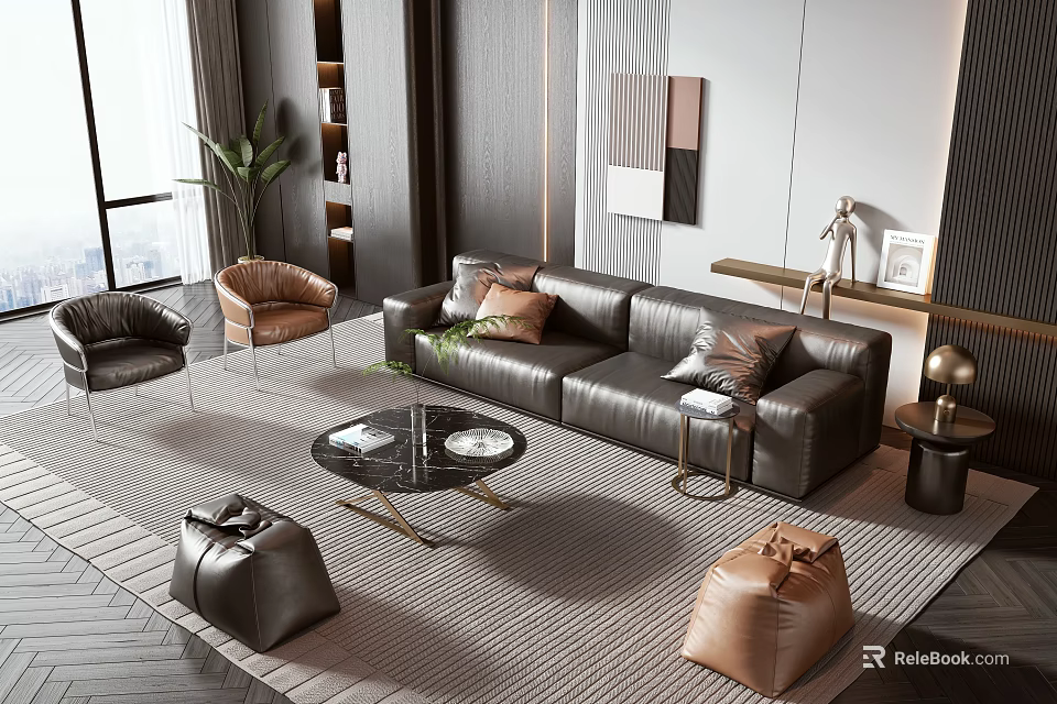 Elegant Modern Black Leather Sofa Coffee Table Set With Pillows Plants And Chairs On Rug 3d model 