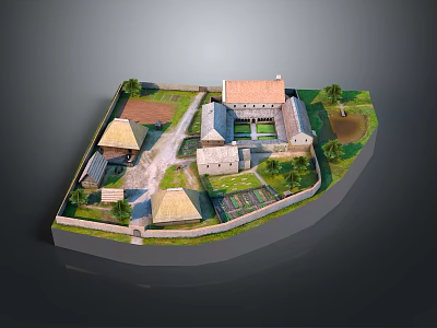 Traditional Village Architectural Model with Thatched Roof Houses Brick Buildings Enclosed Courtyard and Green Areas 3d model