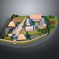Traditional Village Architectural Model with Thatched Roof Houses Brick Buildings Enclosed Courtyard and Green Areas