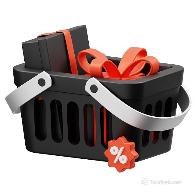 Decorative Ornament Set In Black Shopping Basket With Red Ribbons Gift Boxes And Percentage Sign 3d model 