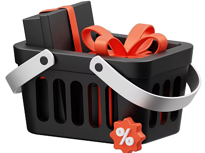 Decorative Ornament Set In Black Shopping Basket With Red Ribbons Gift Boxes And Percentage Sign 3d model