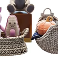 Cute Stuffed Bunny Cat Bear Fox And Avocado Toys In Baskets Barrel And Box