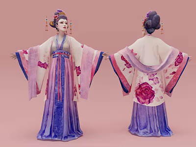 Woman In Traditional Purple Pink Costume With Floral Patterns And Classical Hair Bun 3d model