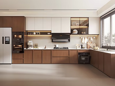 Modern Kitchen Interior Design With Wooden White Cabinets Countertop Range Hood And Oven 3d model