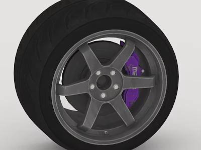 Car Wheel With Black Tire Alloy Rim And Purple Brake Caliper Design 3d model