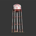 Industrial Water Tower With Red And White Checkered Top And Metal Support Structure
