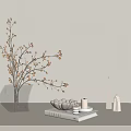 Transparent Vase With Dried Branches Shell Decoration Candles And White Geometric Decor On Light Shelf