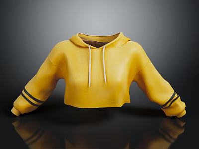 Yellow Cropped Hoodie with Drawstrings and Black Striped Cuffs Fashionable Design 3d model