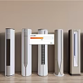 Various Modern Tower Air Cooler Fans Displayed On Wooden Table With Neutral Background