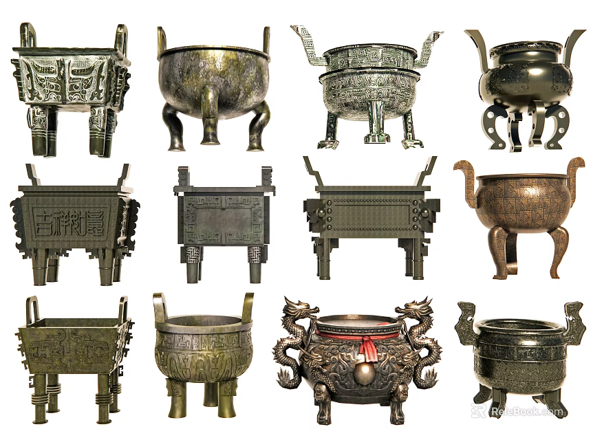 Garden Ornaments With Various Bronze Tripods Showcasing Traditional Designs And Decorative Features 3d model 